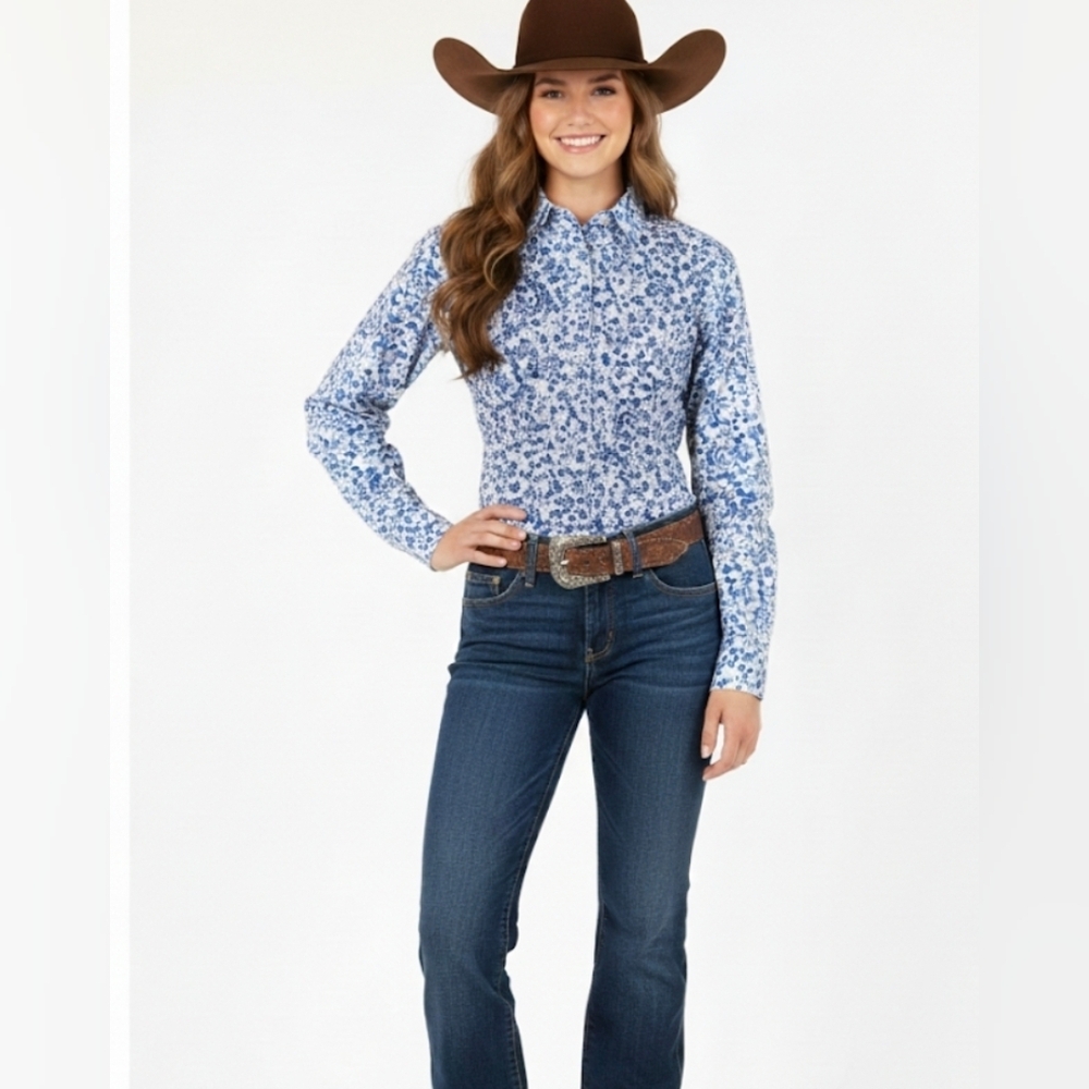 Cruel Girl Blue and‎ White Floral Top Long Sleeve L WESTERN RODEO BOHO NASHVILLE